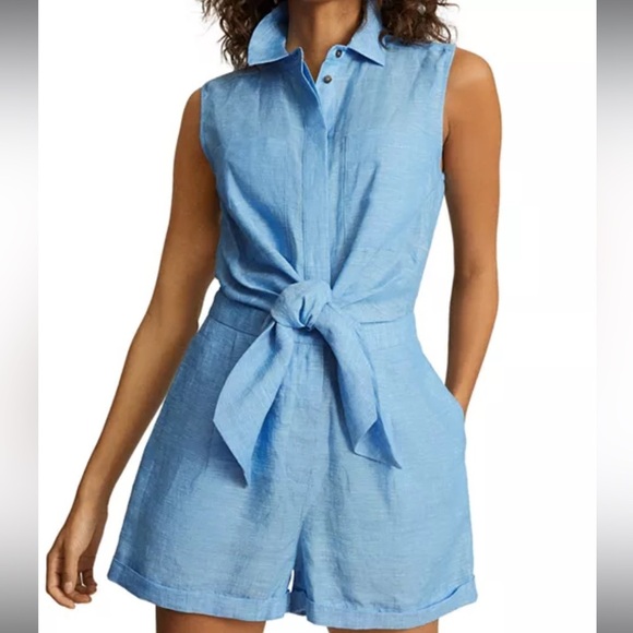 REISS Linen Ema Tie Front Sleeveless Romper - Picture 1 of 11